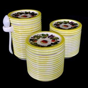 Vintage 1940s Canister Set of 3 Ceramic Yellow White Stripped Japan Corks Lids